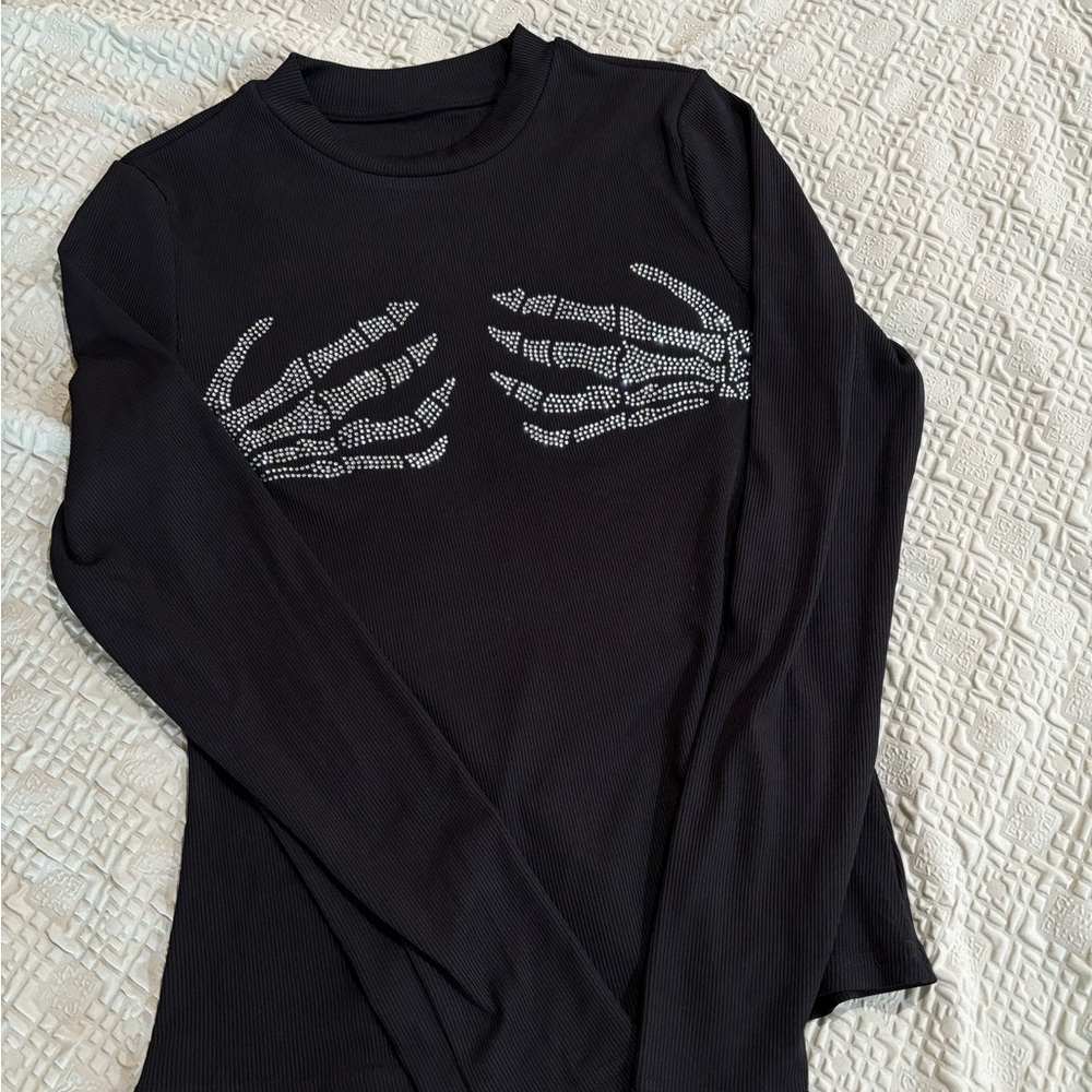 Black Rhinestone Skeleton Hands Ribbed Top • Size Small - Picture 2 of 3